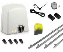 Φόρτωση εικόνας στο εργαλείο προβολής Συλλογής, Σετ για συρόμενη γκαραζόπορτα με μοτέρ PROTECO Strike-5 για έως 500 κιλά αυλόπορτα, ενσωματωμένο πινακοδέκτη S5060T, 4m μεταλλική κρεμαγιέρα, 1 ζεύγος φωτοκύτταρα, 1 φανό, 1 εξωτερική κεραία, 1 μπουτόν κλειδί και 4 τηλεχειριστήρια PSD-36T.