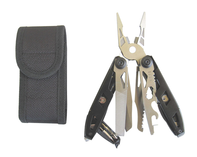 Πολυεργαλείο Καθημερινής Χρήσης. Περιέχει πένσα, αιχμηρό μαχαίρι, πριόνι, κόφτη σύρματος, απογυμνωτή καλωδίων, ανοιχτήρι κονσερβών, ανοιχτήρι μπουκαλιών, γερμανικά κλειδιά, λίμα, χάρακα, μαγνητικό προσαρμογέα κατσαβιδιών με 2 κατσαβίδια διπλής όψης, εργαλείο θραύσης τζαμιών, κόφτη ζώνης αυτοκινήτου, σύστημα ασφάλισης εργαλείων και θήκη ζώνης.