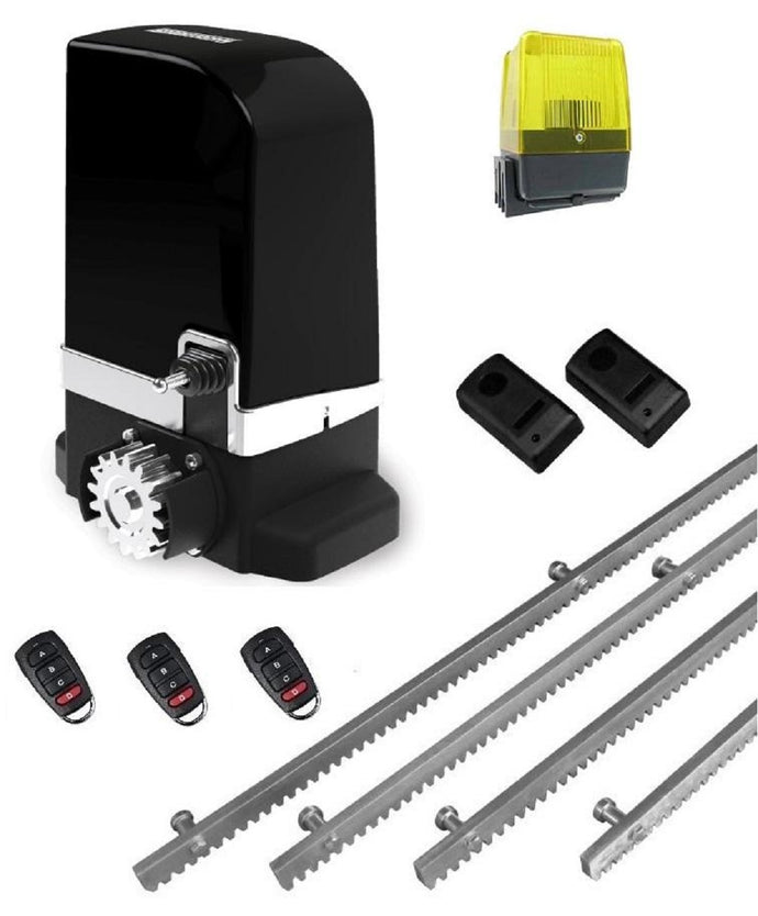 Σετ μοτέρ συρόμενης πόρτας BRAVO 500, για έως 500 κιλά πόρτα, με ενσωματωμένο πινακοδέκτη S5060T, 4m μεταλλική κρεμαγιέρα, 1 ζευγάρι φωτοκύτταρα ασφαλείας, 1 φανό και 3 τηλεχειριστήρια PSD-36T