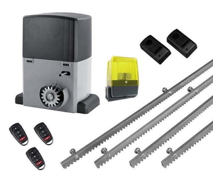 Μηχανισμός συρόμενης γκαραζόπορτας σε μπάνιο λαδιού με μοτέρ NORTON-2500-OIL  με ενσωματωμένο πινακοδέκτη S5060T, 4m μεταλλική κρεμαγιέρα, 1 ζεύγος φωτοκύτταρα, 1 φανό και 3 τηλεχειριστήρια PSD-36T.