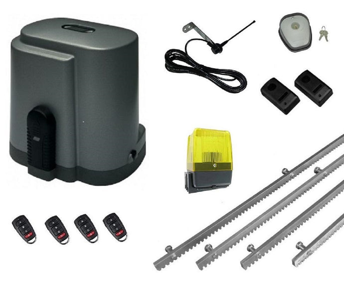 Σετ μοτέρ συρόμενης πόρτας RIB K500. Μηχανισμός γκαραζόπορτας με ενσωματωμένο πινακοδέκτη S5060T, 4m μεταλλική κρεμαγιέρα, 1 ζεύγος φωτοκύτταρα, 1 φανό, 1 εξωτερική κεραία, 1 μπουτόν κλειδί και 4 τηλεχειριστήρια PSD-36T.