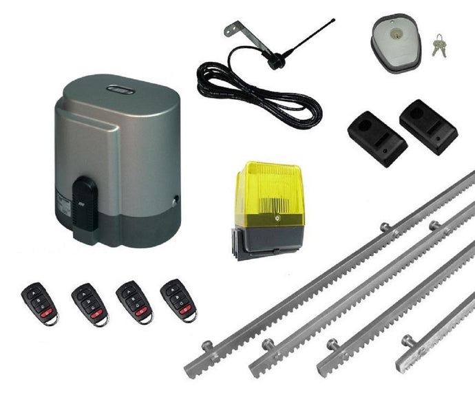 Σετ μηχανισμού συρόμενης πόρτας RIB K800 (Kit-Deluxe S) με ενσωματωμένο πινακοδέκτη, 4m μεταλλική κρεμαγιέρα, 1 ζεύγος φωτοκύτταρα, 1 φανό, 1 εξωτερική κεραία, 1 μπουτόν κλειδί και 4 τηλεχειριστήρια