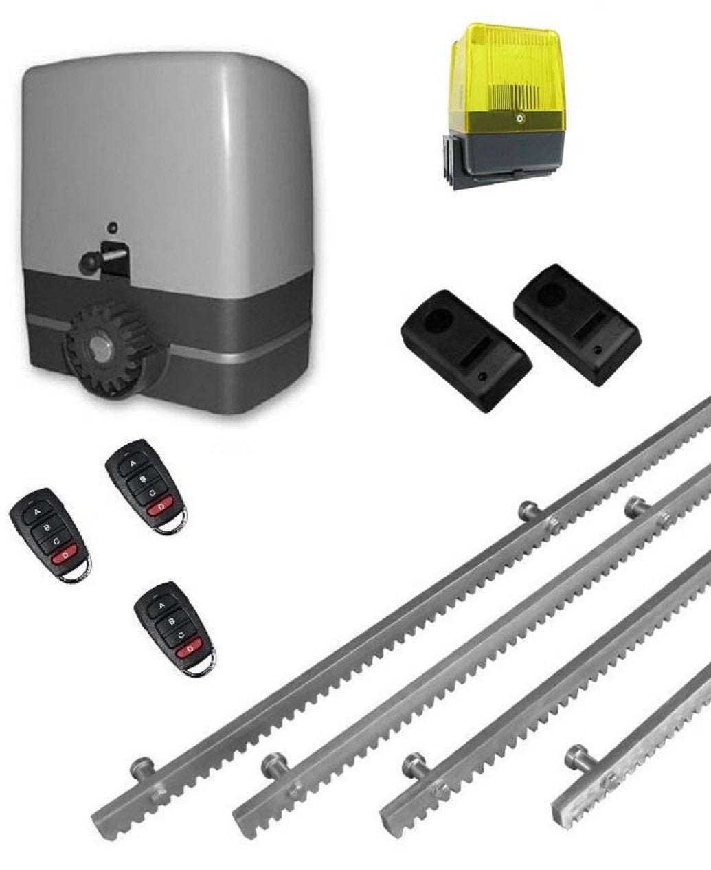 Σετ μοτέρ συρόμενης πόρτας VDS SL1000  (Kit-Complete) S με ενσωματωμένο πινακοδέκτη, 4m μεταλλική κρεμαγιέρα, 1 ζευγάρι φωτοκύτταρα ασφαλείας, 1 φανό και 3 τηλεχειριστήρια