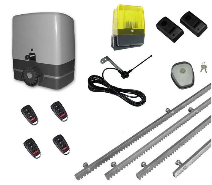 Σετ μηχανισμού συρόμενης πόρτας με μοτέρ VDS SL1000, ενσωματωμένο πινακοδέκτη, 4m μεταλλική κρεμαγιέρα, 1 ζευγάρι φωτοκύτταρα ασφαλείας, 1 φανό, 1 κεραία εξωτερική, 1 μπουτόν κλειδί και 4 τηλεχειριστήρια