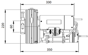 Διαστάσεις κεντρικού μοτέρ ρολού γκαραζόπορτας, ACM Titan 220 E HR, κατάλληλο για ρολά με τύμπανα ελατηρίων.  